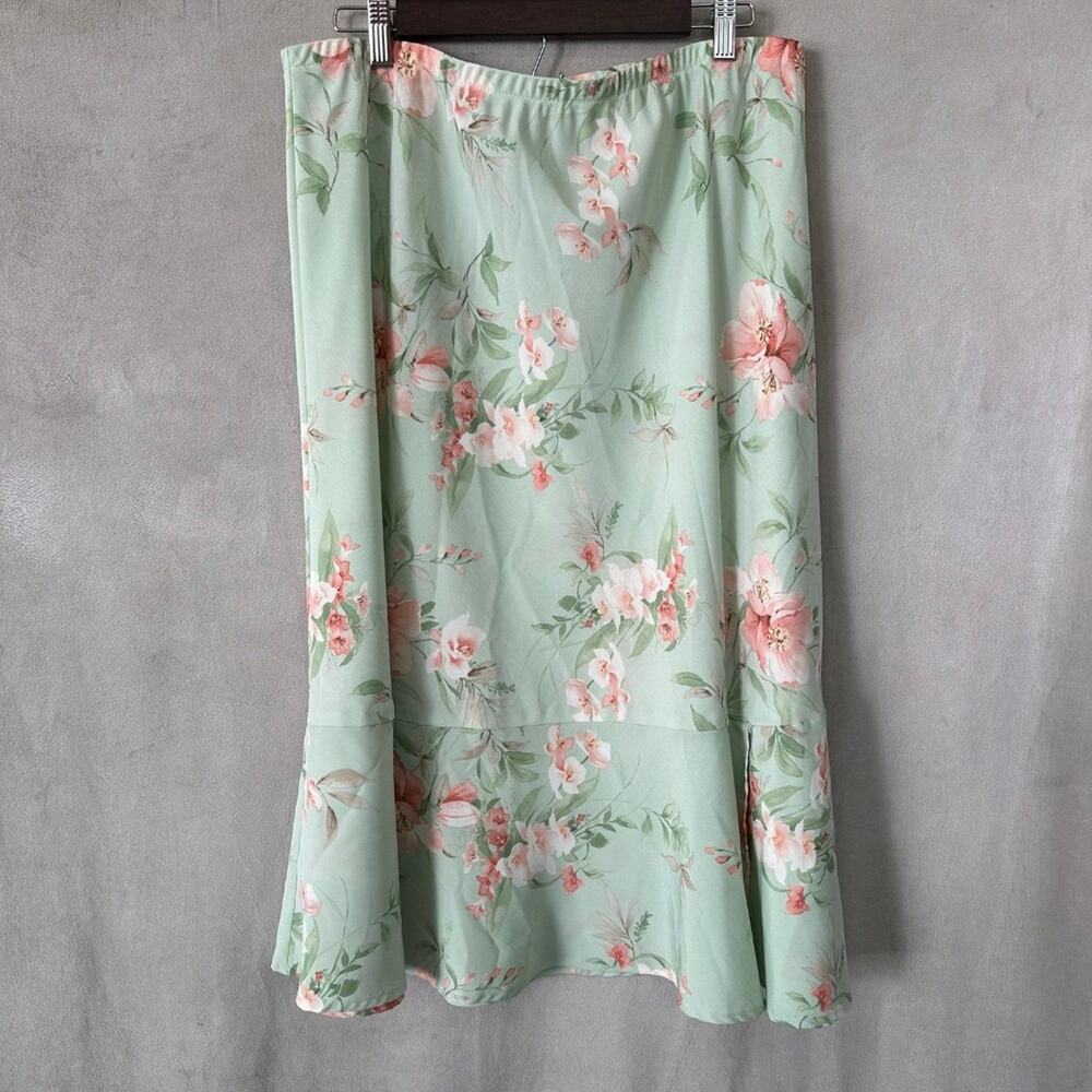 Vintage Sage Green Midi Skirt 90s Low Rise Large Size 14 Floral Flowy